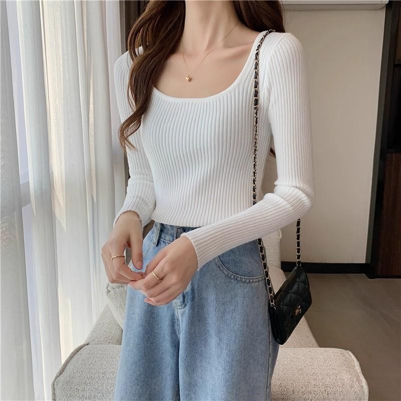 Autumn Winter Women Square Neck Knit Pullover Slim‑Fit Fleece‑Lined Elegant Long‑Sleeve Sweater Low‑Cut Inner Top