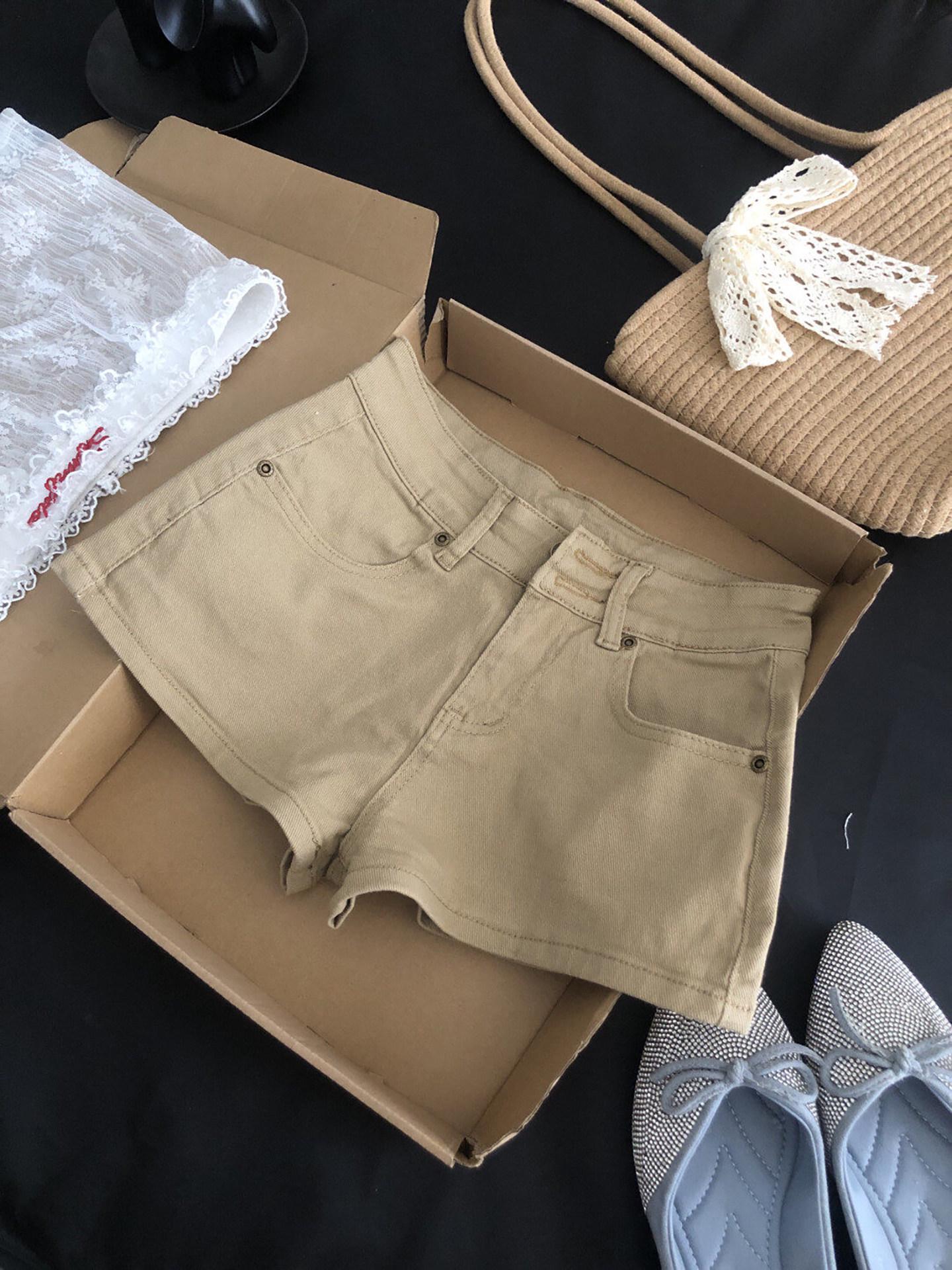 Women s High-Waist Khaki Retro Denim Shorts Extra Large легкие хаки