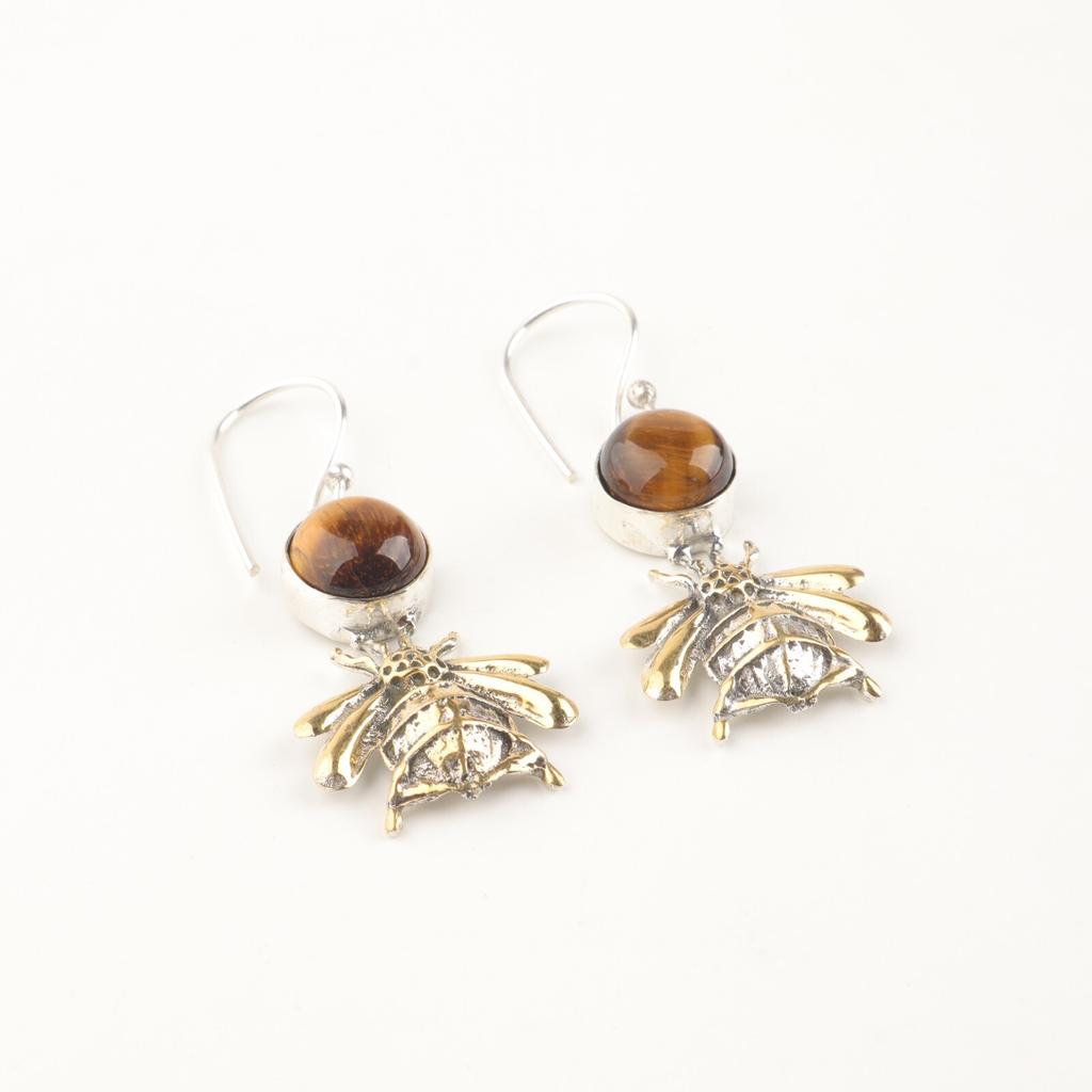 Natural Yellow Tiger Eye Gemstone 925 Stamped Silver Handmade Dangle Earrings 2" EE-154-31