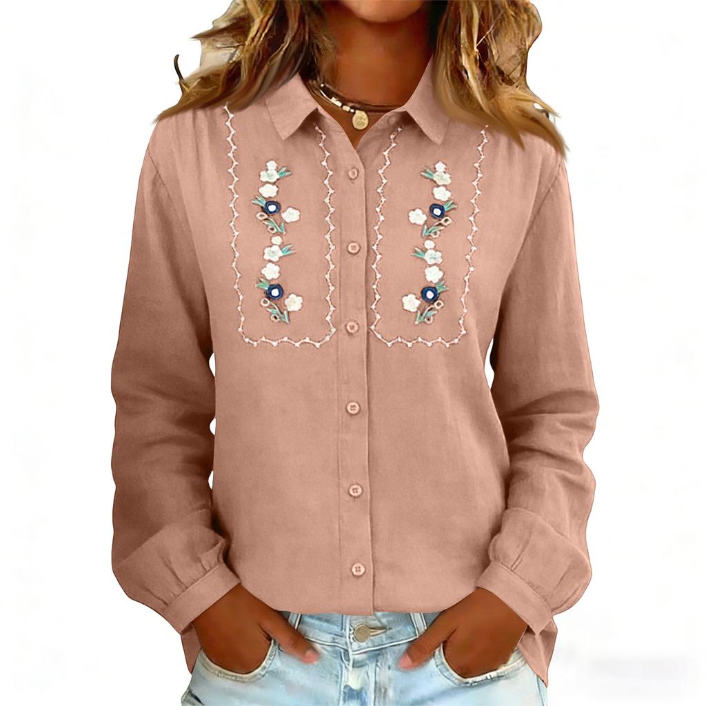 Women's Embroidery Floral Shirts Fashion Button Down Lapel Long Sleeves Casual Comfy Shirt Blouse Tops