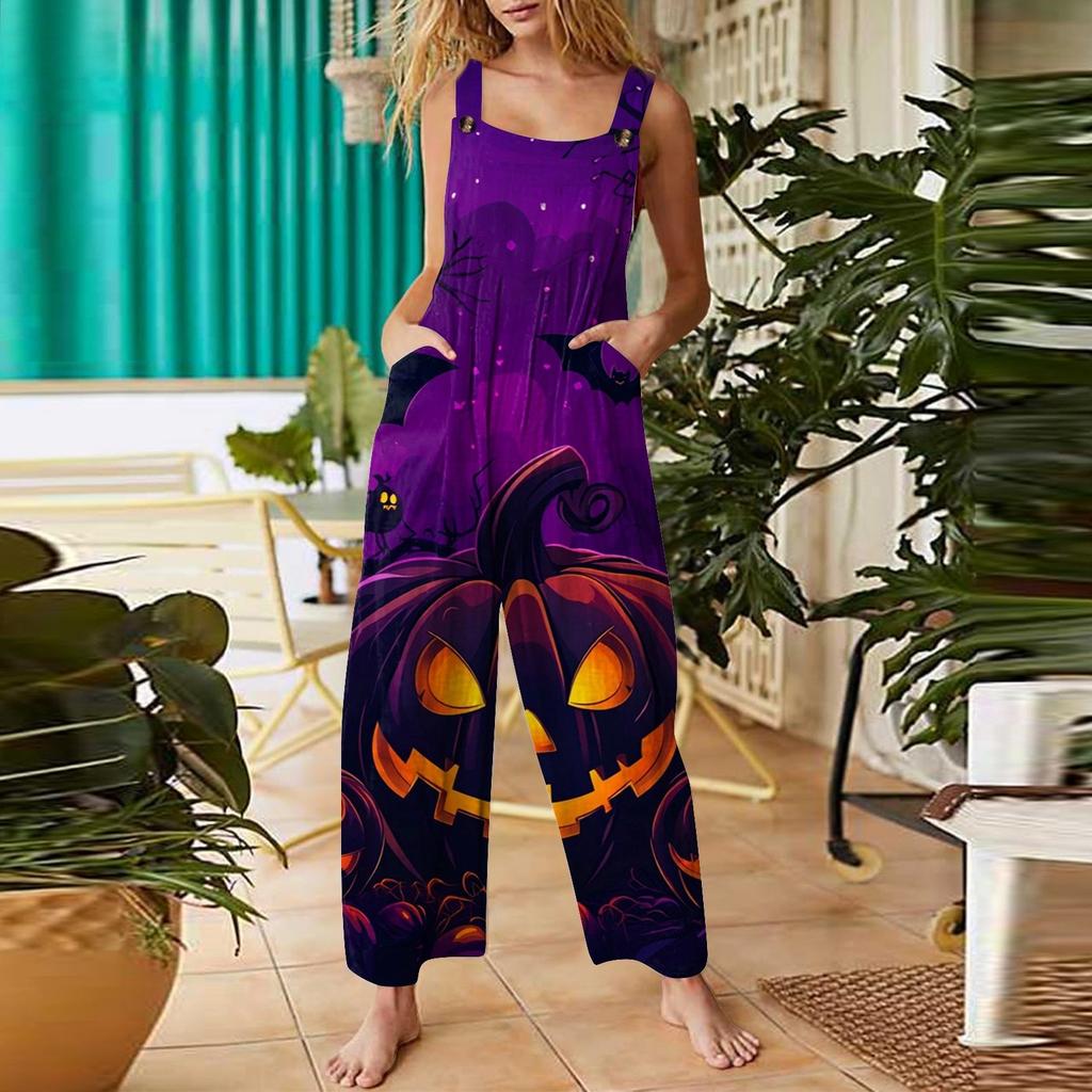 Women's Casual Halloween Printed Jumpsuit Sleeveless Printed Cotton Jumpsuit