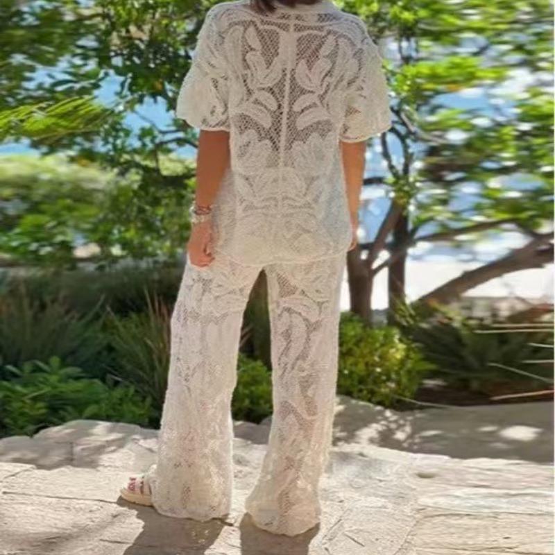 VAYLA Turn-down Collar Short Sleeves Single Breasted Hollow Out Lace Short Shirt and Full Length Pants Two Pieces Set
