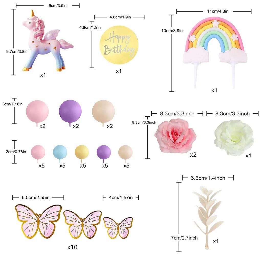 48 PCS Unicorn Cake Topper Unicorn Rainbow Cake Decorations with Butterflies Balls Happy Birthday Cake Decorations for Party