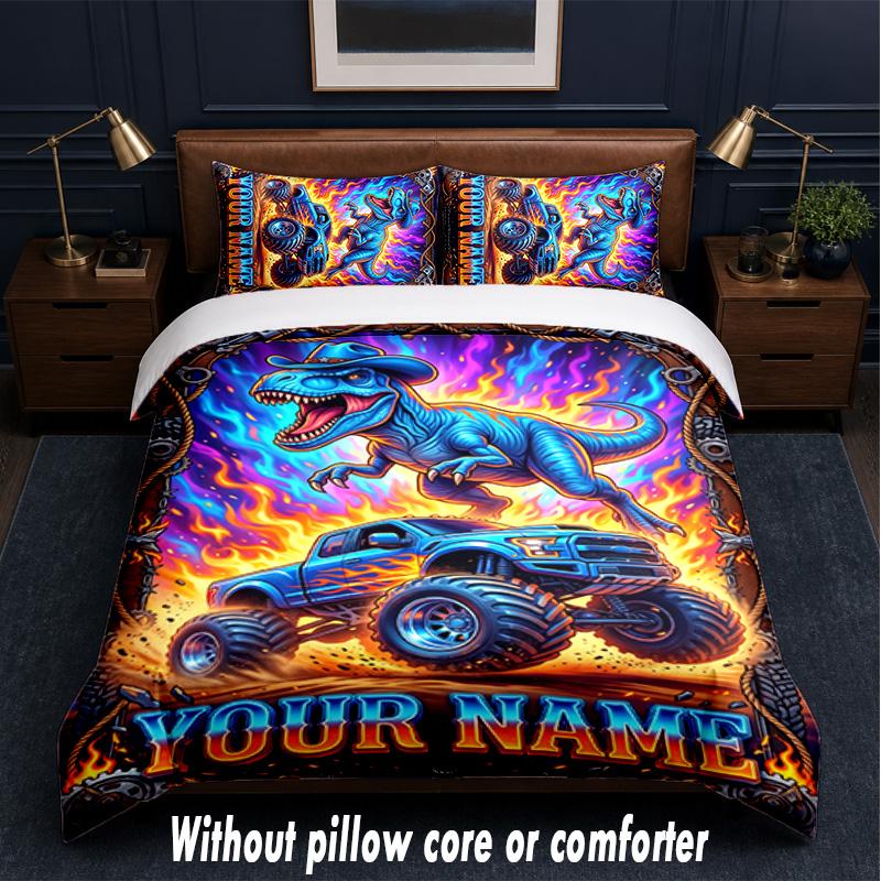 Monster Truck Theme Custom Text Or Name 3Pcs Bedding Set,1 Flat Sheet & 2 Pillowcases Personalized Home Bedding