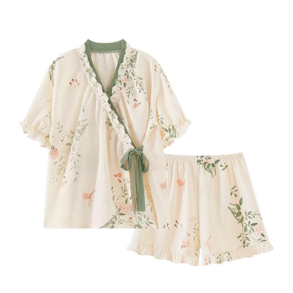 Chinese Style Lace Up Pajama Suit Flower V-Neck Shorts Sleeve Nightwear Women Homewear Loose Two Pieces Sleepwear Sets Home
