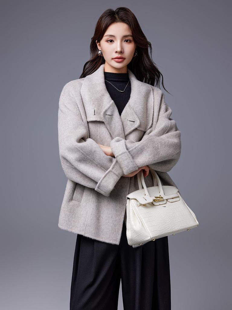 Yak Wool Elegant Double-Sided Coat with Stand Collar and Belted Lapel