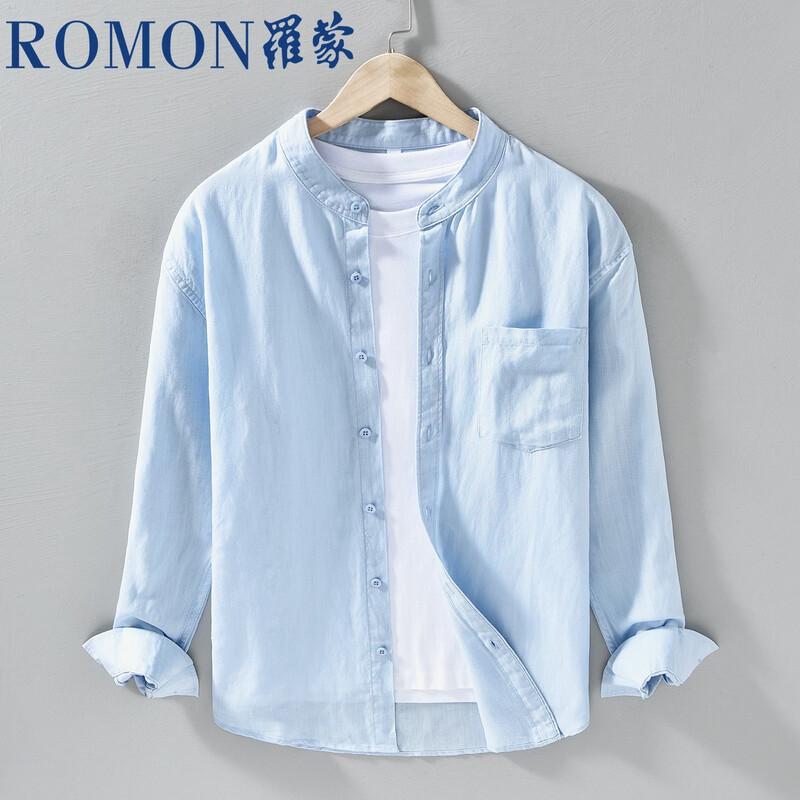 ROMON Men s Tencel Linen Stand Collar Long Sleeve Shirt L