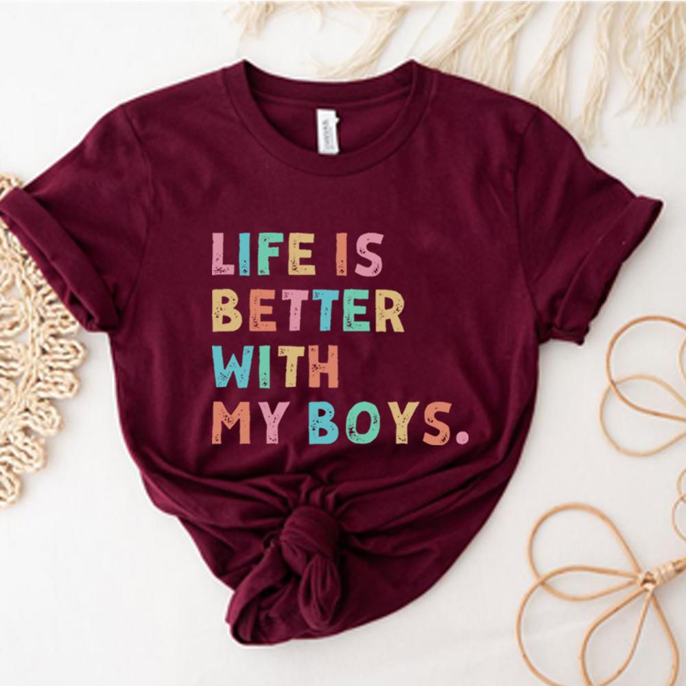 Life Is Better with My Boys T Shirt Mom of Boys Tshirt Mama Boy Shirts Fashion Women Short Sleeves Tops Mothers Day Gift