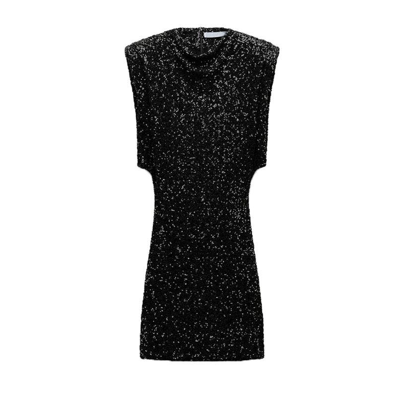 

Fall and Winter Niche Style Sleeveless Strap Padded Shoulder Beads Decoration Dress Black L