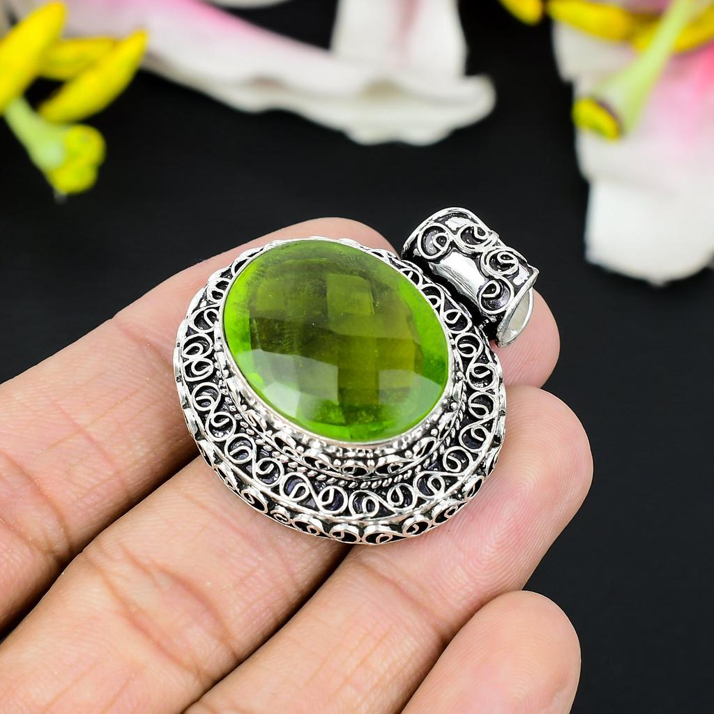 Peridot Gemstone Handmade 925 Steling Silver Jewelry Pendant 1.38" KG-328