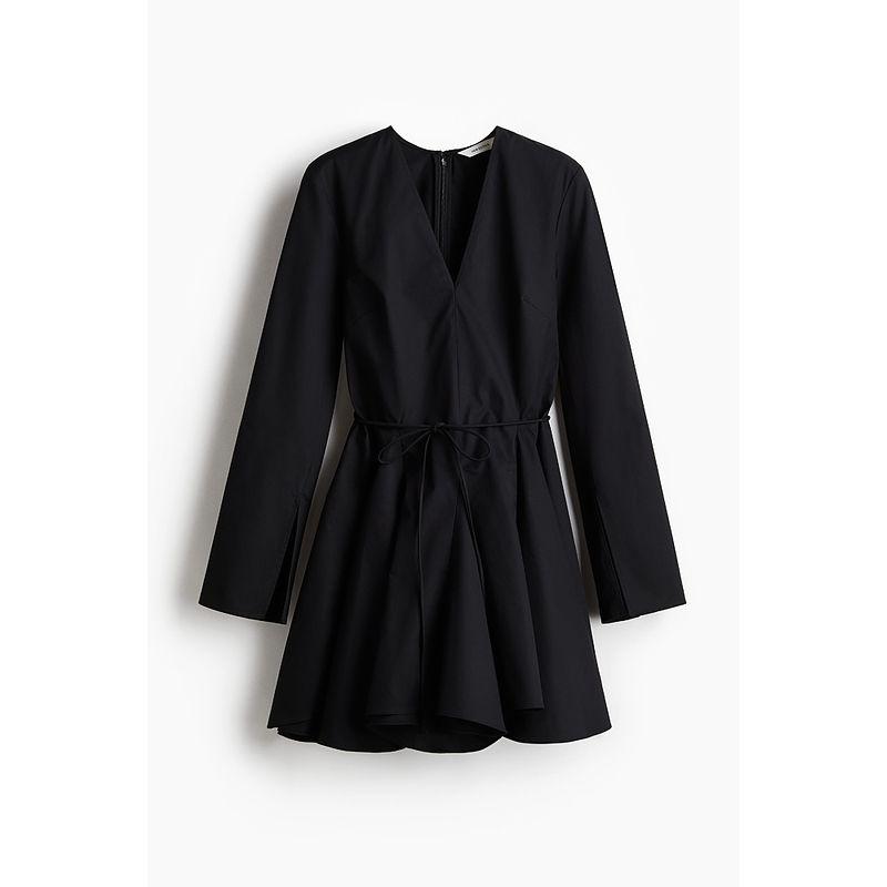 

HM Women s Clothing Dress 2025 Fall New V-neck Long Sleeves Waist Belt Waist Trimming Short Flare Skirt 1282778 Black 170/104