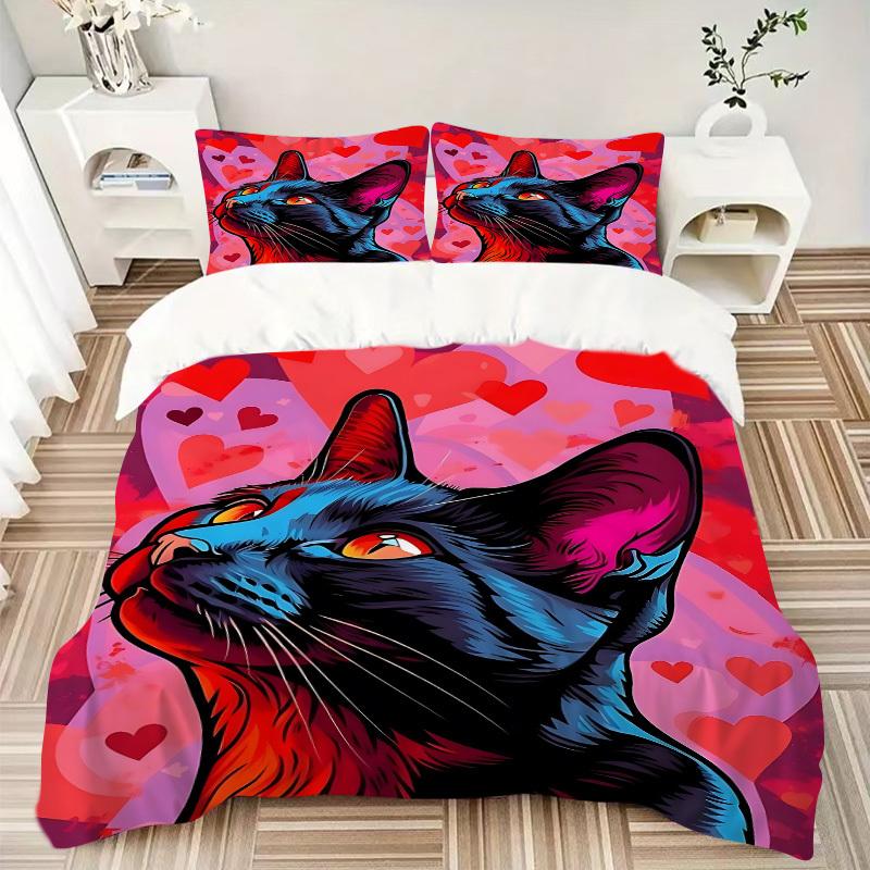 3pcs Cat Art Print Duvet Cover Set, Cover For Bedroom Guest Room (1 Duvet Cover + 2 Pillowcase, Without Quilt),  Yy250922121