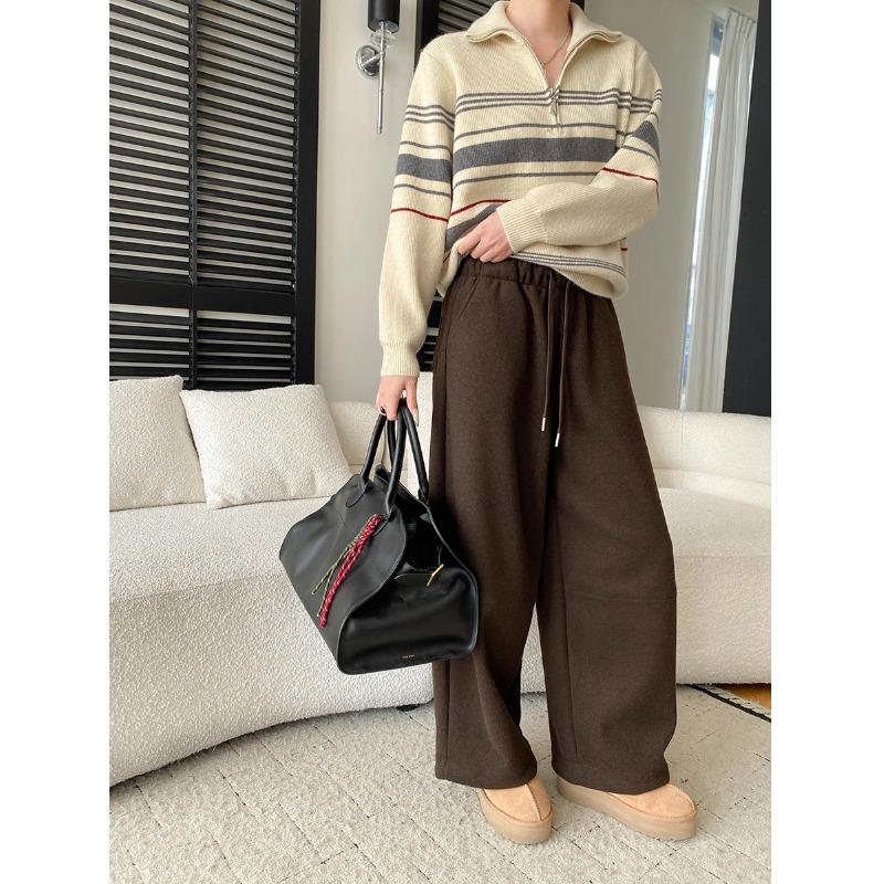 SINAN Relaxed Wide-Leg Fleece-Lined Plaid Pants with Draped Paneling and Rolled Hem SN8423 M