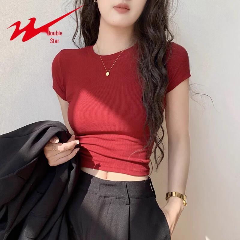 Женская облегающая укороченная футболка Shuangxing с круглым вырезом и коротким рукавом S