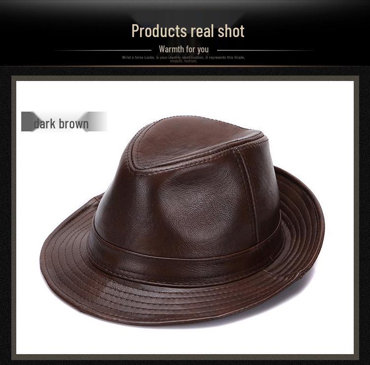 Herren Fedora Hut aus echtem Rindsleder, Herbst/Winter, Britischer Gentleman-Stil für mittlere und ältere Jahre