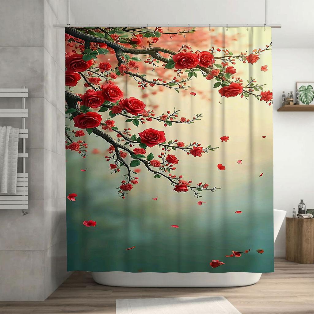 Red Roses on Branch Waterproof Shower Curtain Heat Resistant Machine Washable Non-Transparent 180x180cm