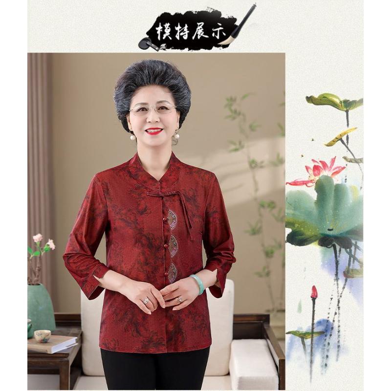 Chinesischer Stil Stehkragen Bluse für Frauen mittleren Alters Elegantes bedrucktes Halbarm Freizeit Oberteil