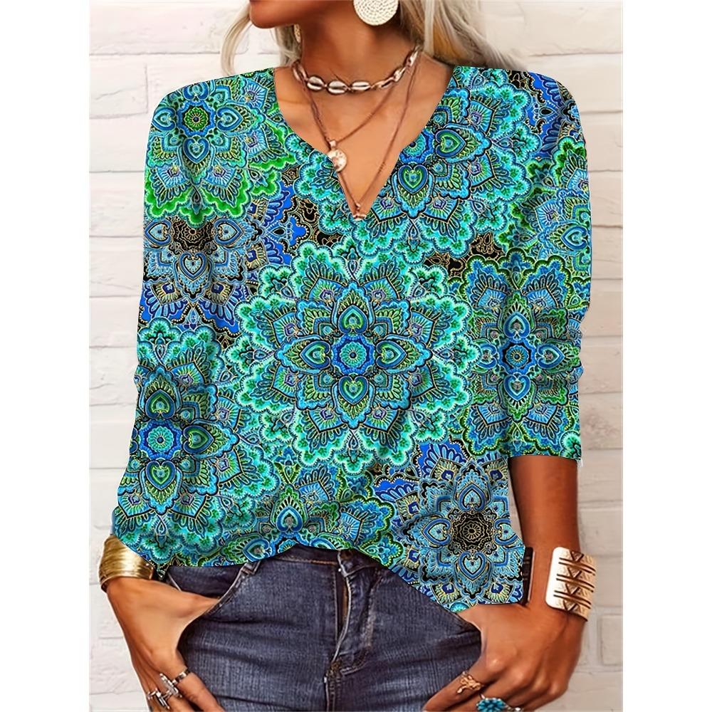 

GMXIA Осенняя свободная футболка с длинным рукавом и цветочным принтом, с V-образным вырезом, для женщин XXXL