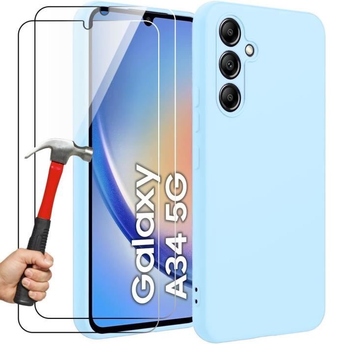 Coque - BOOLING - pour Samsung Galaxy A34 5G - Ultra Slim - Antichoc - Anti-Rayures - Bleu Ciel- avec 2 Verres Trempés