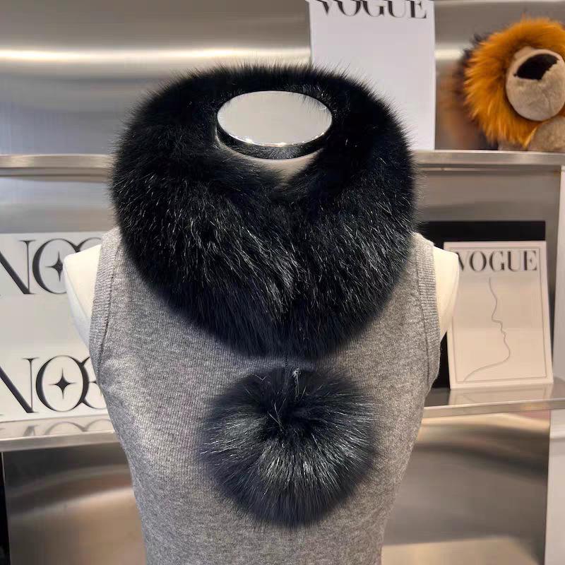 Damen Schal im Koreanischen Stil aus Echter Fuchsfell mit Großem Bommel und Magnetischem Verschluss - Beidseitig, Vielseitiger Nackenschutz für Herbst und Winter