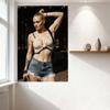 Sexy Blonde High Bun Woman Outdoor Pose Tin Sign Vintage Metal Poster for Bar Pub Home Cafe Wall Decor Beige Crop Top Blue Short
