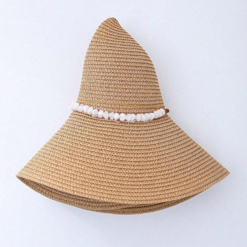 Adjustable Paper Straw Sun Hat For Women Featuring Pearls Accents Breathable Lightweight Design Summer Travel Gardening