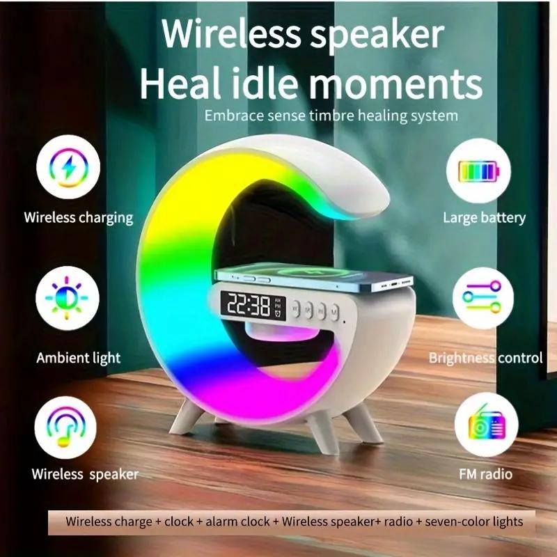 Modern 3-in-1 Wireless Charging Dock with Bluetooth Speaker, Alarm Clock, and LED Moon Lamp