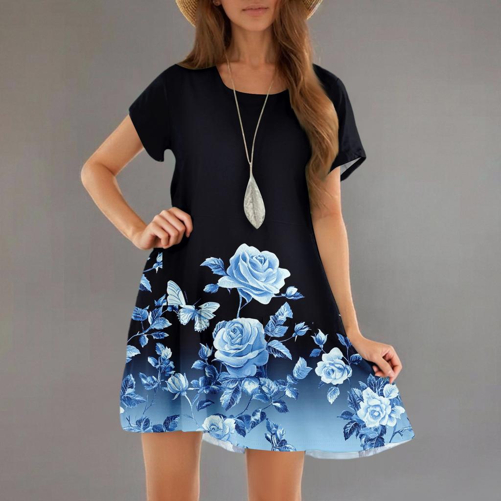 Women's Fashion Casual Round Neck Short Sleeve Ruffle Gradient Printed Dresses