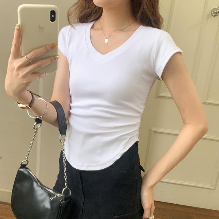 Summer Hot Girls Irregular V-neck Pure Desire Style Base Short-sleeved T-shirt Design Feel Waist-hugging Slim Short Top