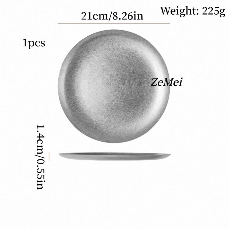 Retro Stainless Steel Circle Dinner Plate,Gray Heat-Resistant Home Steak Plate Dinner Dishes Grill Tray Tableware,Kitchenware