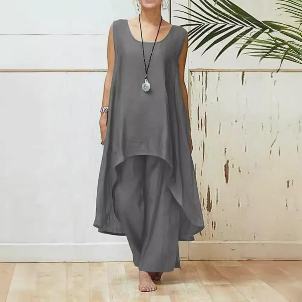 2024 Women's Asymmetrical Sleeveless Top & Loose Pants 2-Piece Set - Spring/Summer Sportswear