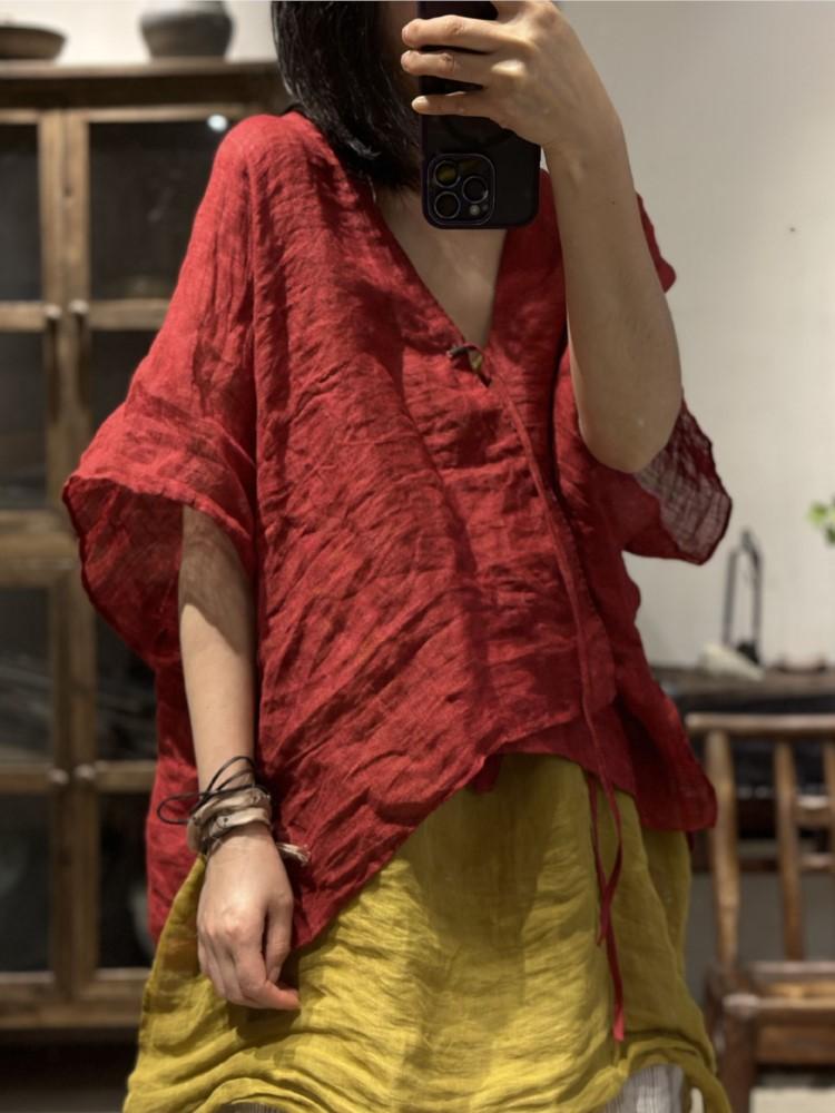 Johnature Dámské Vintage plátěné letní košile Jednobarevný pásek Topy v čínském stylu Halenky s krátkým rukávem a výstřihem do V Volná košile