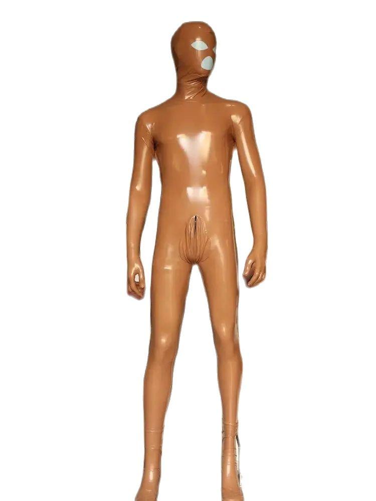 Pu Leather Full Coat Separate Finger Bodystocking Hidden Penis Sheath Zipper Crotch Bodysuit Tights Cosplay Leotard Conjoined