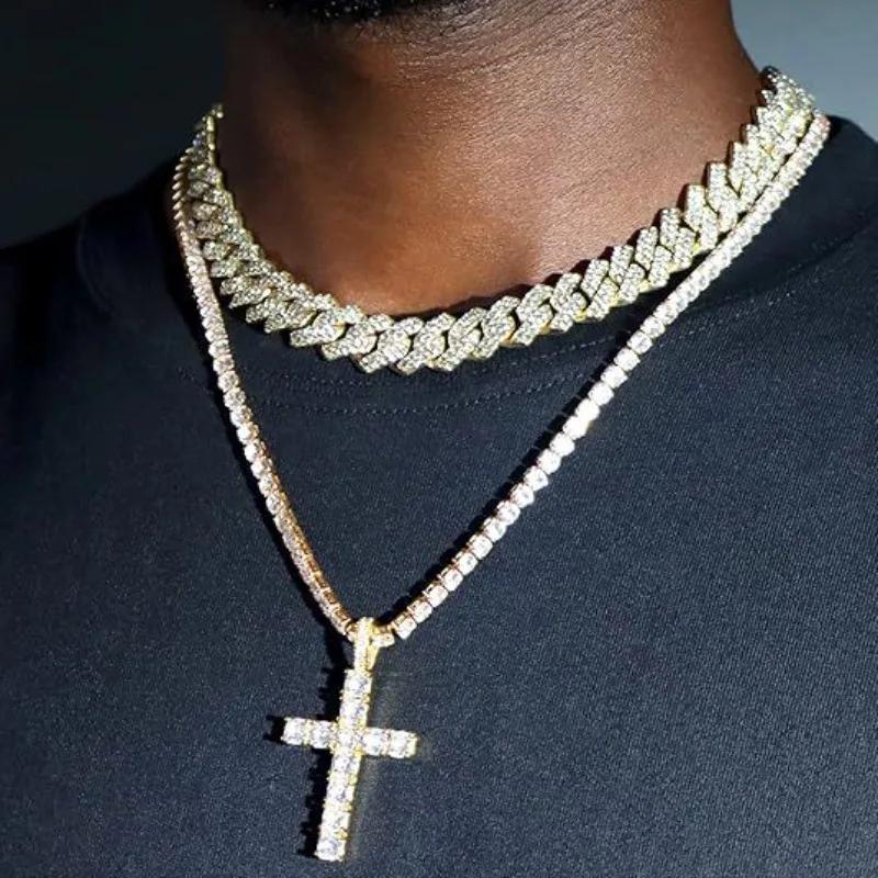 2Pcs Hip Hop Cross Tennis Chain 14MM Prong Cuban Necklace for Men Women Iced Out 2 Row Cuban Link Chain Necklaces Couple Zircon