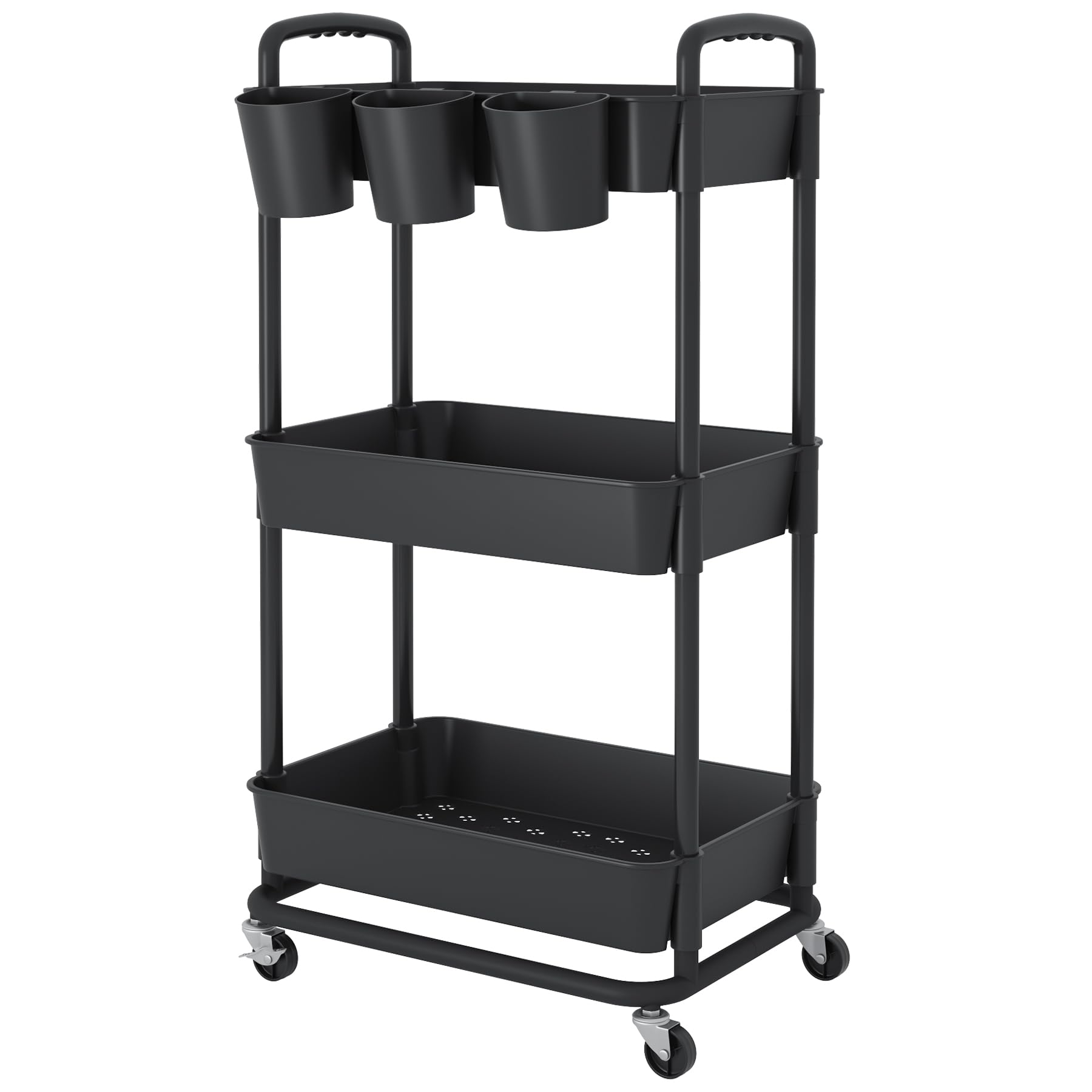 

UDEAR 3-Tier Plastic Storage Cart for Kitchen, Living Room, and Bathroom with Locking Casters and 3 Extra Hook Cups, Black