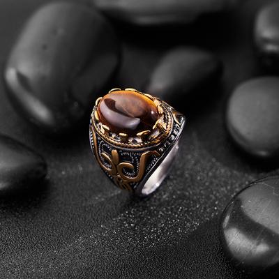 New Tiger Eye Stone Ring, Fashionable and Domineering Retro Jewelry, Men's Zinc Ring