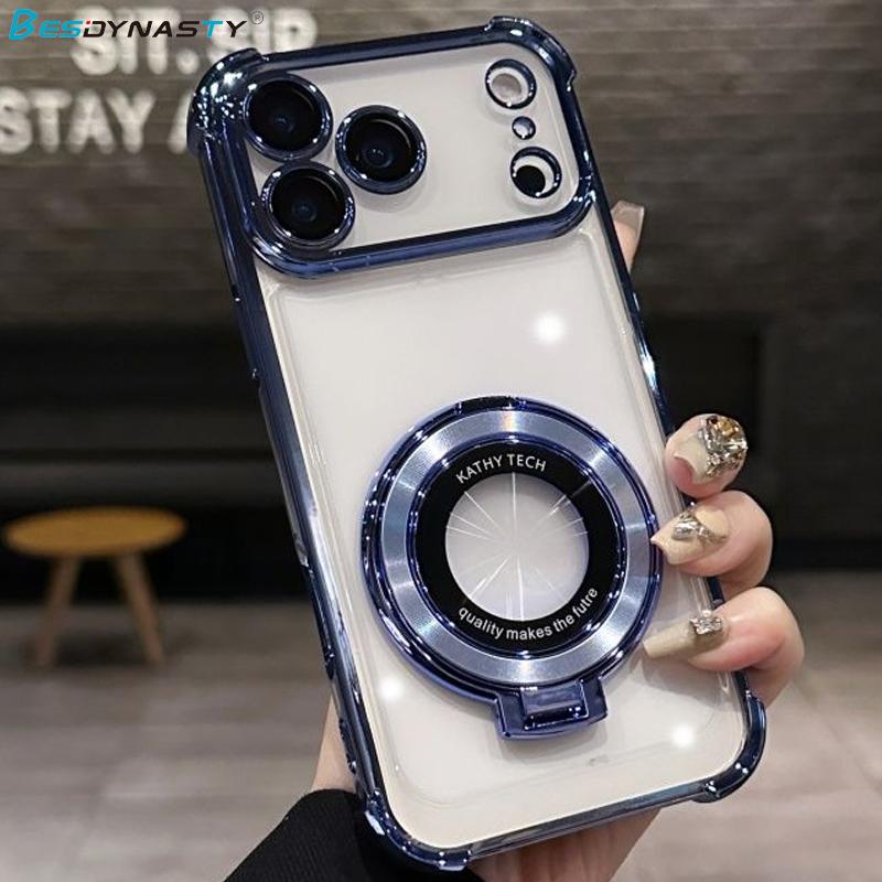 Luxury Plating Shockproof Magnetic Holder Case For iPhone 17 Air 15 16 11 12 13 14 Pro Max Plus For Magsafe With Stand Cover