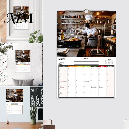 Spiral Bound Calendar 2027 Pugs Working Wall Calendar, Funny Dog Hanging Gift for Lovers 12 Monthly Planner with Unique Illustrations Home Office