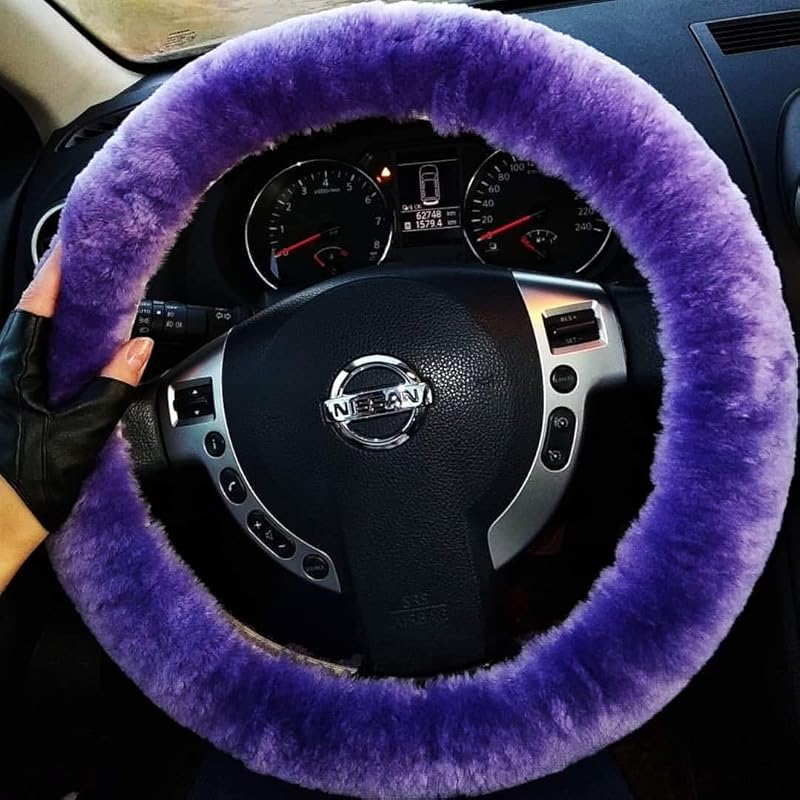 Fluffy Wool Sheepskin Fuzzy Black Car Steering Wheel Cover For Universal Auto Steering Wheel 14 1/2-15 1/2Inch, Anti-Slip, Soft Plush, Comforting And