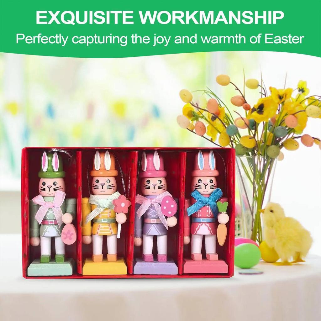 4Pcs Easter Bunny Nutcracker Soldier Tabletop Figurine Office/Home Festive Decor 4 Inch Hanging Wooden Easter Nutcracker Figures