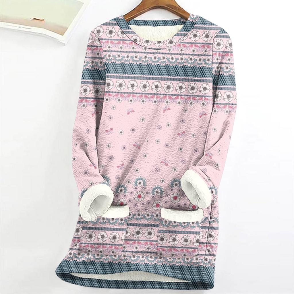 Dame Rundhals Topp Trykk Fortykket Plysj Kasjmir Varm Lang Topp