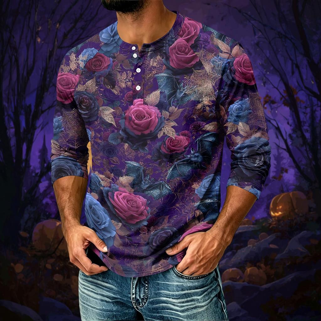 Men's Casual Halloween Print Raglan Three-Quarter Sleeve Shirt