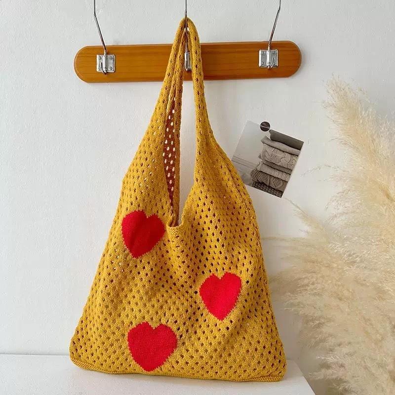 New Ebay Japanese and Korean Tote Bag Love Bag Knitted Bag Mesh Hollow Shoulder Bag Women's Tide