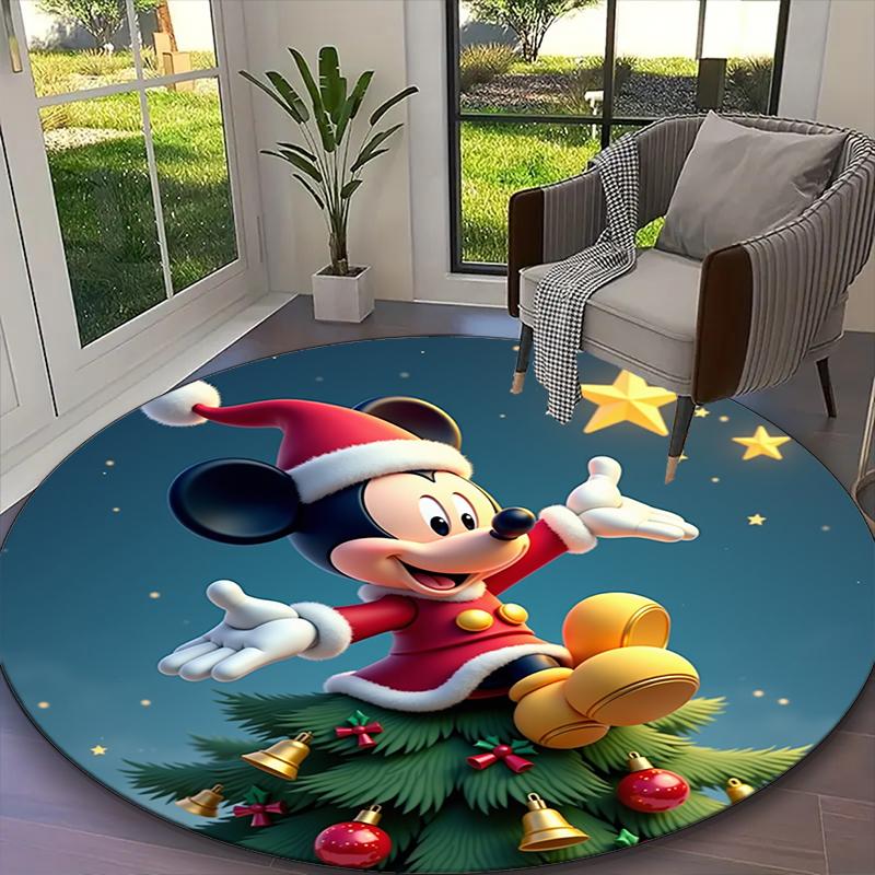 Mickey Mouse Christmas Red Green Floral Print Round Rug, Multi-functional Office Chair Sofa Carpet, Easy Clean Carpet for Home and Living Spaces
