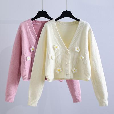 Sweet Flowers Wool Cardigan Sweater Coat Women Autumn 2023 Loose Long Sleeve Knitted Cardigans Winter Warm Crop Knitwears 28392