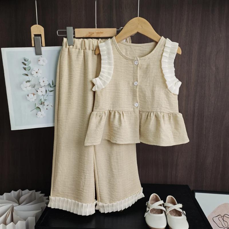 Korean Kids Clothes Girls Blue Imitation Denim Suit Summer Sleeveless Pants Two Piece Set
