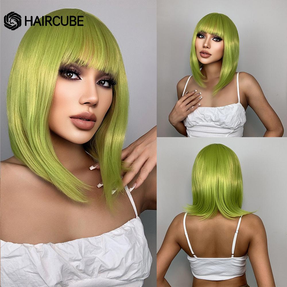 Medium Length Ombre Brown To Blonde Straight Hair Wigs with Bangs Synthetic Wigs for Women Cosplay Heat Resistant Natural Wigs