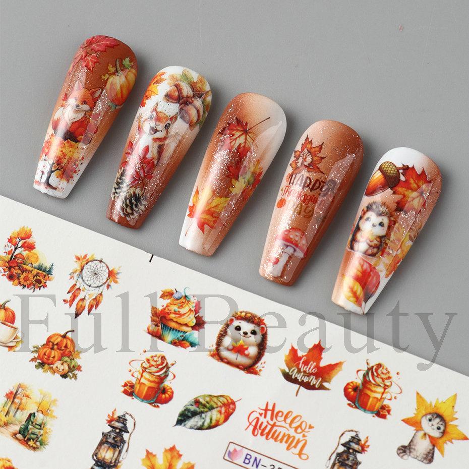 Nail Art Stickers Ins Autumn Gold Falling Maple Leaf Fox Owl Nail Water Transfer Sticker