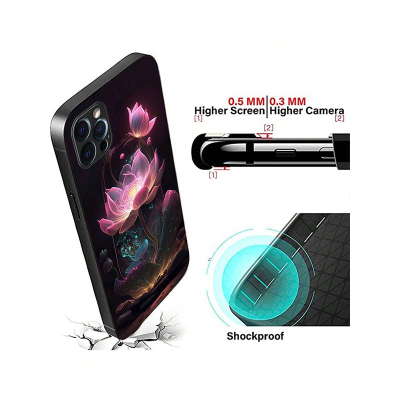 Luxury Lotus Flower Print Glass Phone Case For iPhone 11 12 13 14 15 16 17 Pro Max 16E 17Air 7 8 Plus XR XS X Shockproof Cover