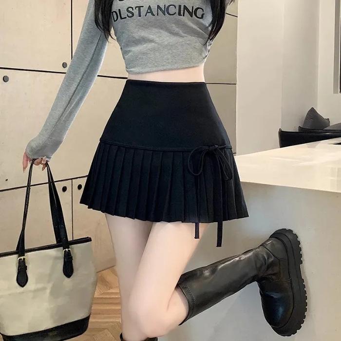 Women's College Style Black Lace-Up Pleated A-Line Skirt - High-Waisted, Slim Fit, Petite, Spring/Summer 2025
